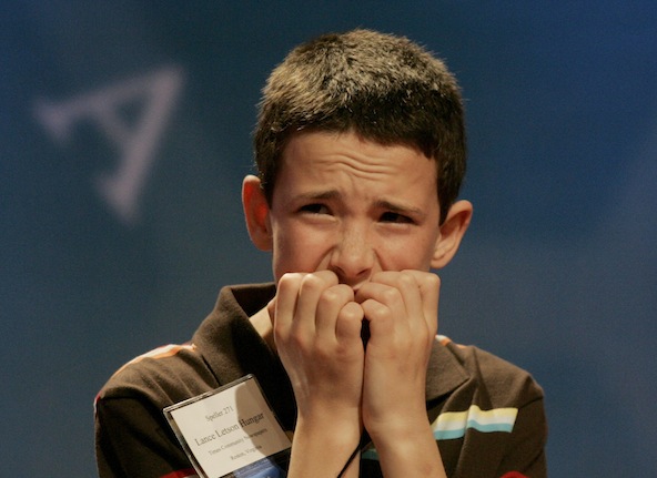 Lance Letson Hungar of McLean, Va., waits for his turn during the semifinal round of the 2008 Scripps National Spelling Bee in Washington. Many Catholic school students participated in the annual contest. His expression is also how this Catholic Sun reporter feels every time someone misspells "Olmsted." (CNS photo/Molly Riley, reuters)