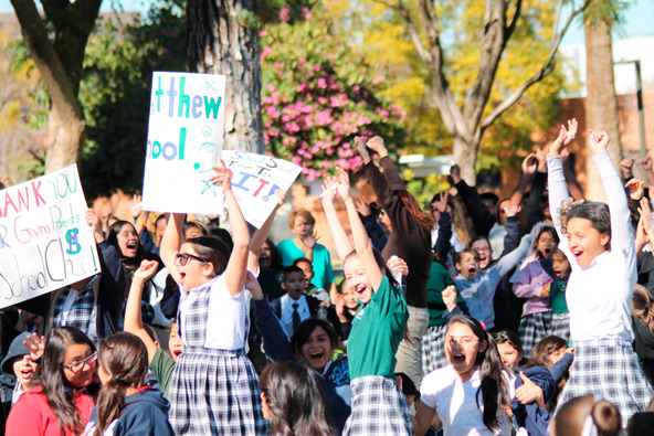 Students from St. Matthew School respond during an all-school call out Jan. 30 at the Arizona Capitol. They counted themselves among nearly 1,000 students from Arizona’s Catholic schools who thanked legislators for tax credit laws.