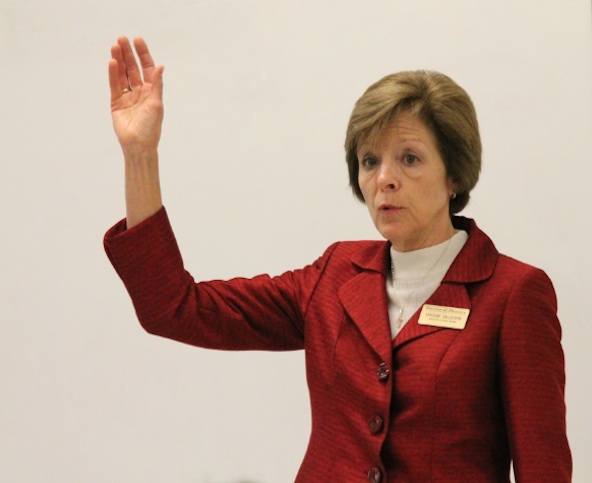 Maggie Gillespie, a member of the Diocesan School Board and the Catholic Parents Advocacy Network, gives high school student council members an idea of what to expect when they meet with their legislator Jan. 30. (Ambria Hammel/CATHOLIC SUN)