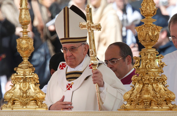 Pope Francis arrives at the altar to celebrate his inaugural Mass in St. Peter's Square at the Vatican March 19. (CNS photo/Alessandro Bianchi, Reuters)