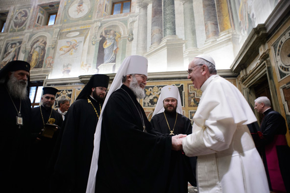 Pope Francis greets religious leaders during a meeting at the Vatican March 20. The pope met with the Christian, Jewish, Muslim, Buddhist, Hindu, Sikh and Jain delegations that had come to the Vatican for his inauguration. (CNS photo/L'Osservatore Romano via Reuters)
