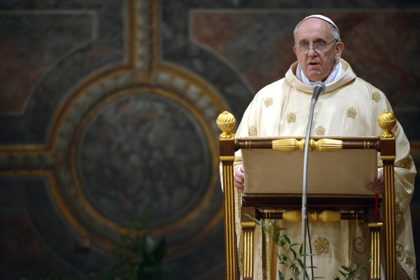 Pope Francis delivers his homily as he celebrates Mass with cardinal electors in the Sistine Chapel at the Vatican March 14, the day after his election. (CNS photo/L'Osservatore Romano)