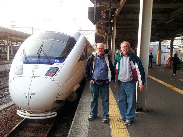 Dr. Jim Asher and his brother-in-law Sebastian Geraci after a fast train ride to Nagasaki.