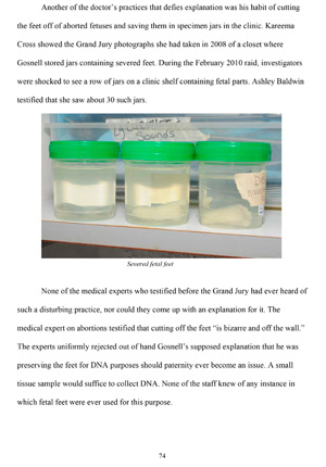 Page 74 from the grand jury report on Dr. Kermit Gosnell's Philadelphia abortion clinic shows a photo of jars containing severed feet. During a 2010 raid on the clinic, investigators found jars containing fetal parts. A Philadelphia jury May 13 found Gos nell guilty of murder in the deaths of three babies born alive during abortions. (CNS photo)