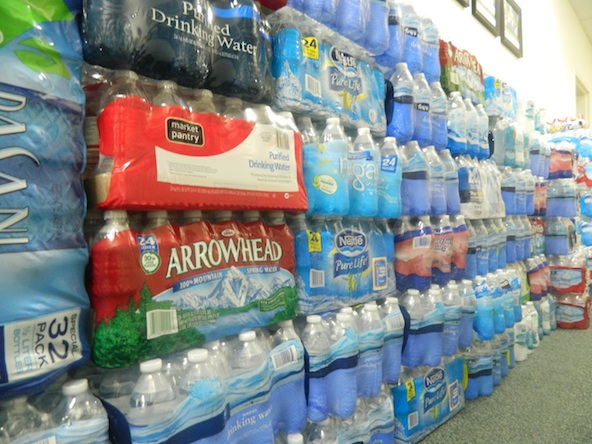 Some of the several hundred cases of water Blessed Pope John XXIII students collected in one week for St. Vincent de Paul clients (courtesy photo).