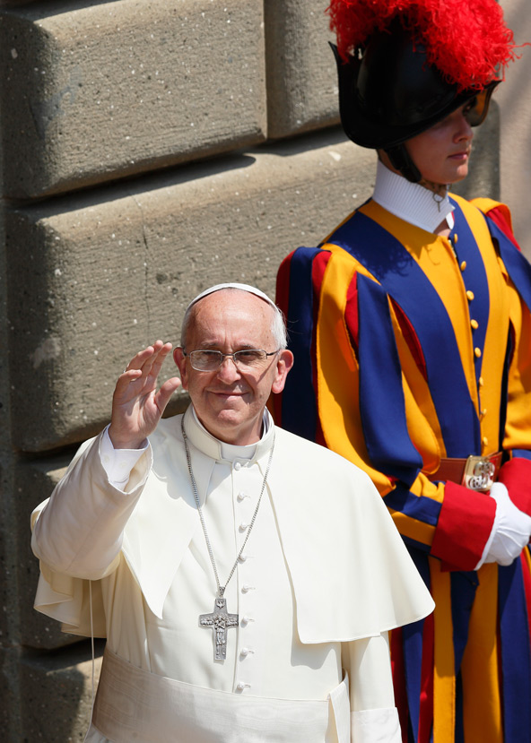 Pope Francis greets the crowd as he arrives to lead the Angelus at the papal villa in Castel Gandolfo, Italy, July 14. (CNS photo/Paul Haring)