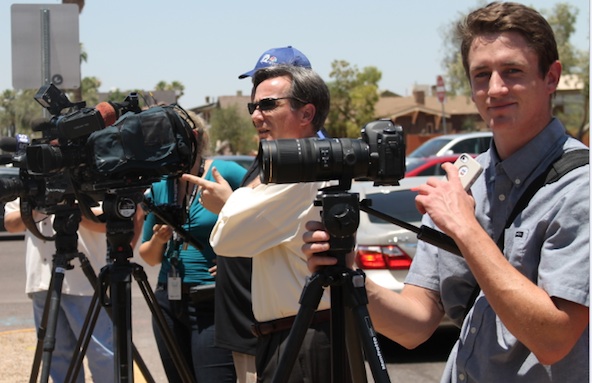 Local media await a pro-life rally featuring Live Action's Lila Rose as one of the speakers in this Catholic Sun file photo (Ambria Hammel/CATHOLIC SUN)
