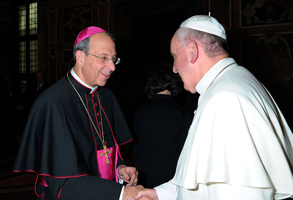 Pope Francis greets Archbishop William E. Lori of Baltimore during a meeting with a delegation from the Knights of Columbus at the Vatican Oct. 10. Archbishop Lori is chaplain of the Knights. (CNS photo/L'Osservatore Romano)