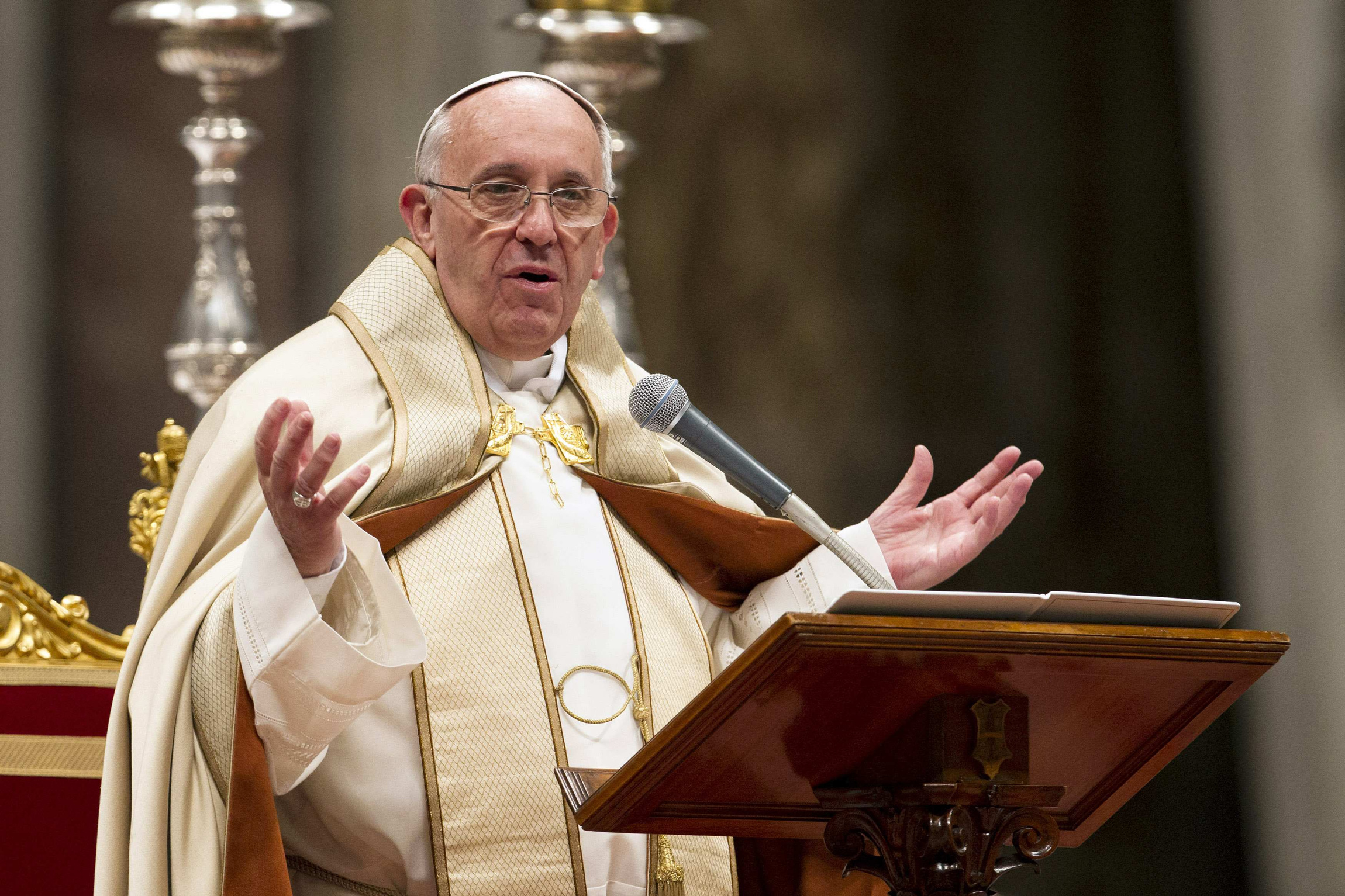 Pope Francis gestures during the rite of acceptance into the catechumenate at a prayer service with the catechumens in St. Peter's Basilica at the Vatican. Nov. 23. (CNS photo/Giampiero Sposito, Reuters)