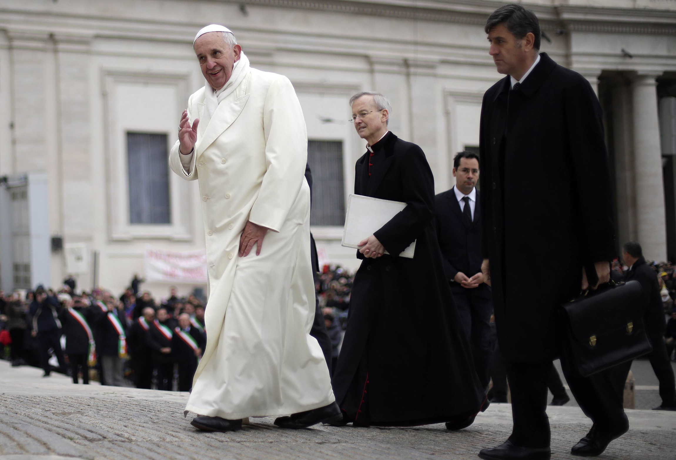 Pope Francis gestures as he arrives to lead his weekly audience in St. Peter's Square at the Vatican Nov. 27. (CNS photo/Max Rossi, Reuters)