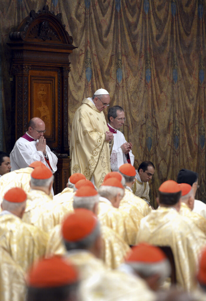 Pope Francis celebrates Mass with cardinal electors in the Sistine Chapel at the Vatican March 14,2013, the day after his election. (CNS photo/L'Osservatore Romano)