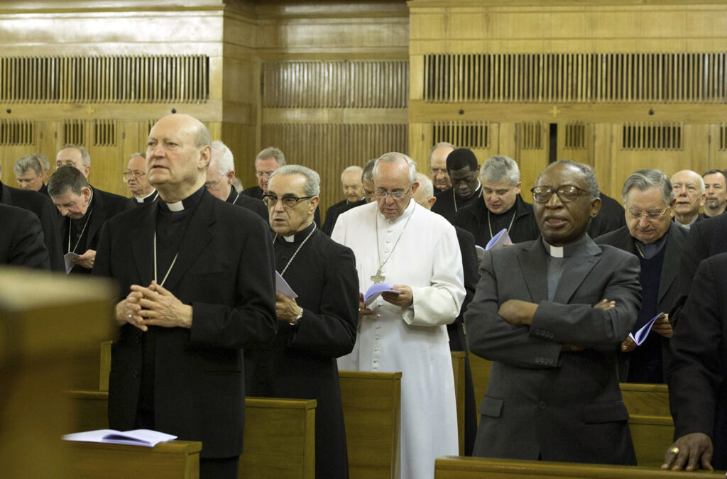Pope Francis, in white, attends a weeklong Lenten retreat with senior members of the Roman Curia in Ariccia, Italy, March 9. (CNS photo/L'Osservatore Romano via Reuters)