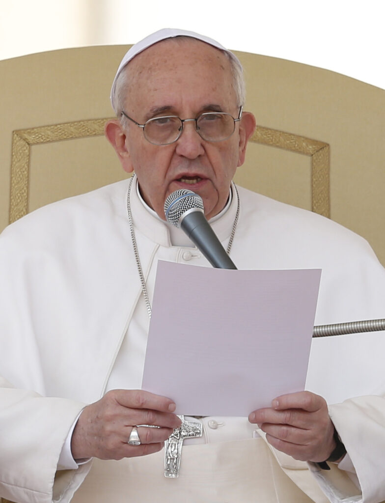 Pope Francis leads his general audience in St. Peter's Square at the Vatican April 17, one of several occasions on which he mentioned the devil.  (CNS photo/Paul Haring)  
