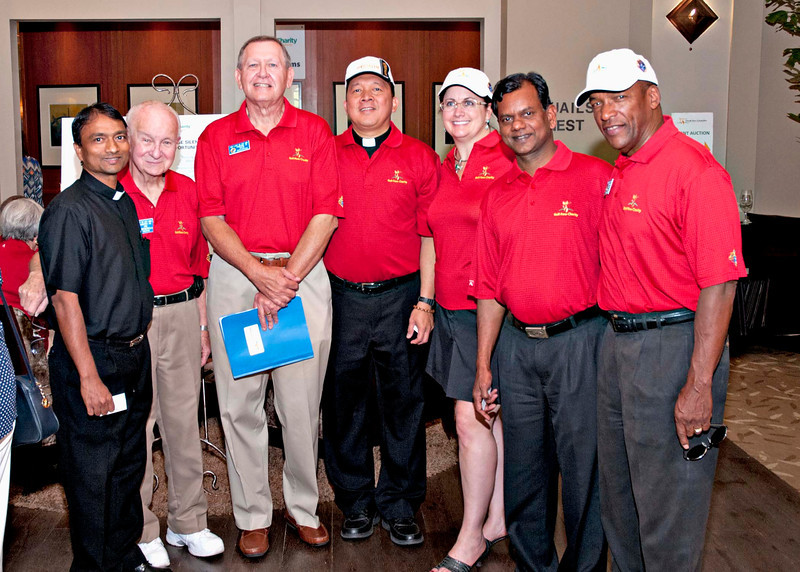 Fr. Joji Balasamy, parochial vicar at St. Vincent de Paul Parish in Phoenix, joined Jim Trinchitella, Rich Jedlowski, Fr. Jess Ty, parochial administrator at Our Lady of Joy in Carefree, Amy Dale, Fr. Thomas Varkey, parochial vicar at Our Lady of Joy and Fred Mapp for the annual Golf 'Fore' Charity benefit hosted by the parish's Knights of Columbus. (photo courtesy of Jack McAward)