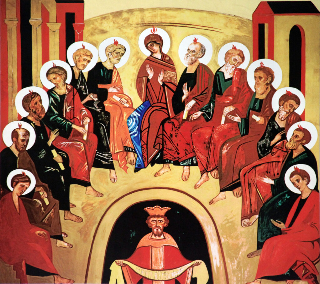 A scene from Pentecost is depicted in artwork at Our Lady of Divine Providence Church in Providenciales, Turks and Caicos Islands. The feast, celebrated June 8 this year, commemorates the Holy Spirit descending upon the apostles 50 days after Christ's resurrection. Pentecost also marks the end of the Easter season. (CNS photo/Gregory A. Shemitz)