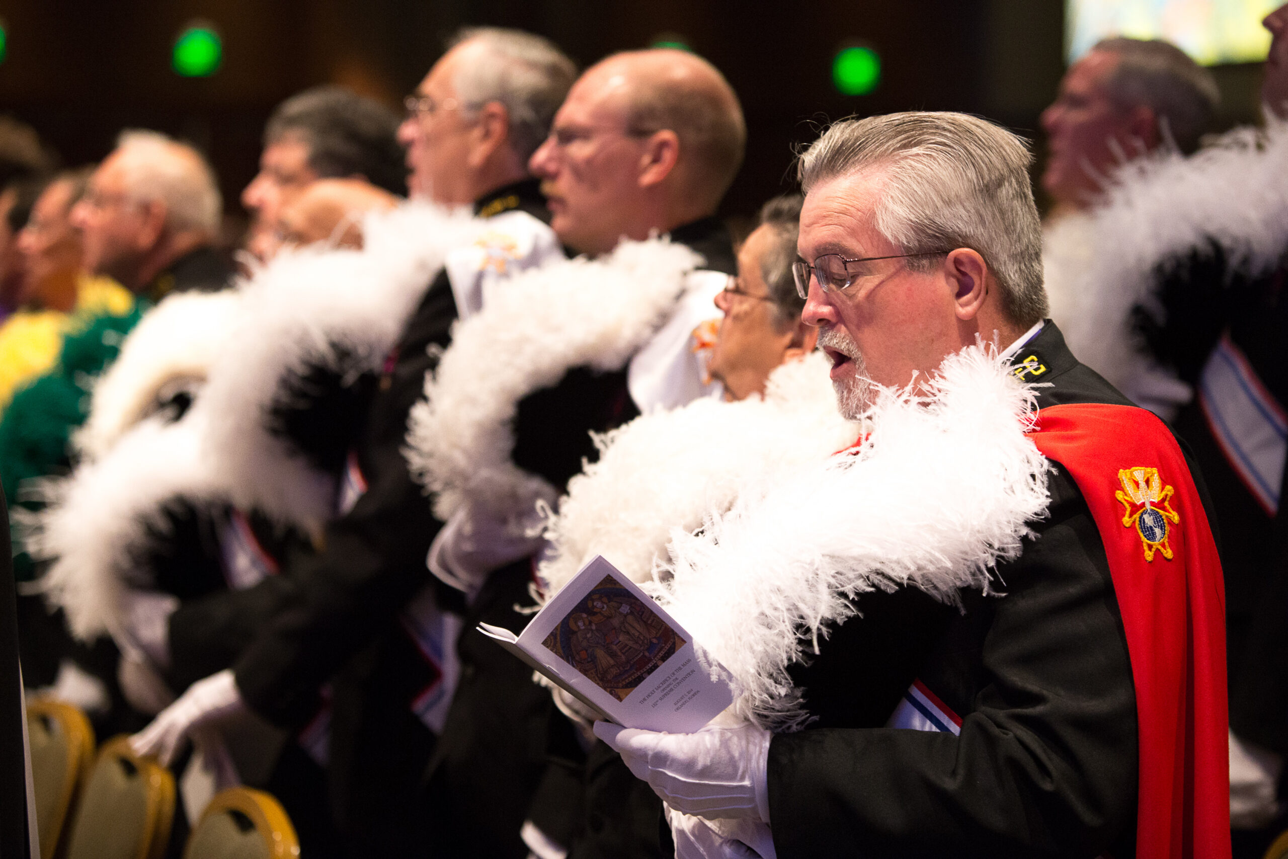 Knights sing during the Aug. 5 opening Mass of the 132nd Supreme Convention of the Knights of Columbus in Orlando, Fla. (CNS photo/Tom Tracy)