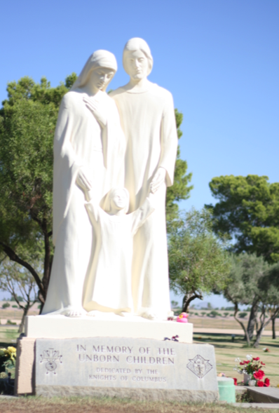 The Holy Family is portrayed in this memorial to the unborn at Queen of Heaven Catholic Cemetery in Mesa.
