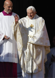 Retired Pope Benedict XVI arrives for the beatification Mass of Blessed Paul VI celebrated by Pope Francis in St. Peter's Square at the Vatican Oct. 19. The Mass also concluded the extraordinary Synod of Bishops on the family. Blessed Paul, who served as pope from 1963-1978, is most remembered for his 1968 encyclical, "Humanae Vitae," which affirmed the church's teaching against artificial contraception. (CNS photo/Paul Haring)