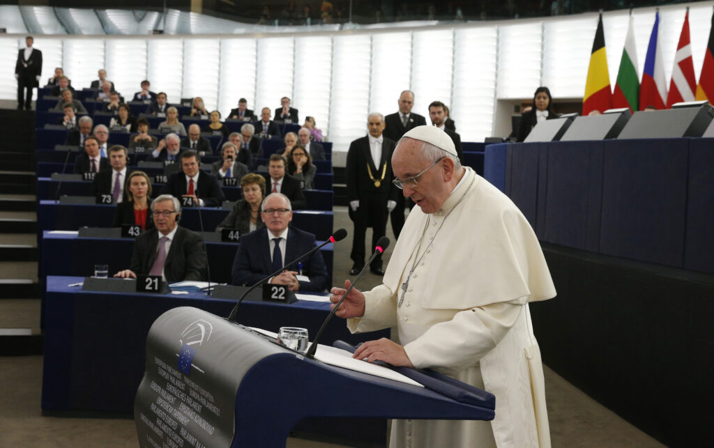 Pope Francis speaks during a visit to the European Parliament in Strasbourg, France, Nov. 25. (CNS photo/Paul Haring)