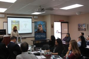 Dr. Jo Markette of the University of Mary-Tempe's theology and Catholic studies program, spoke about the impact of the birth control pill on the environment.