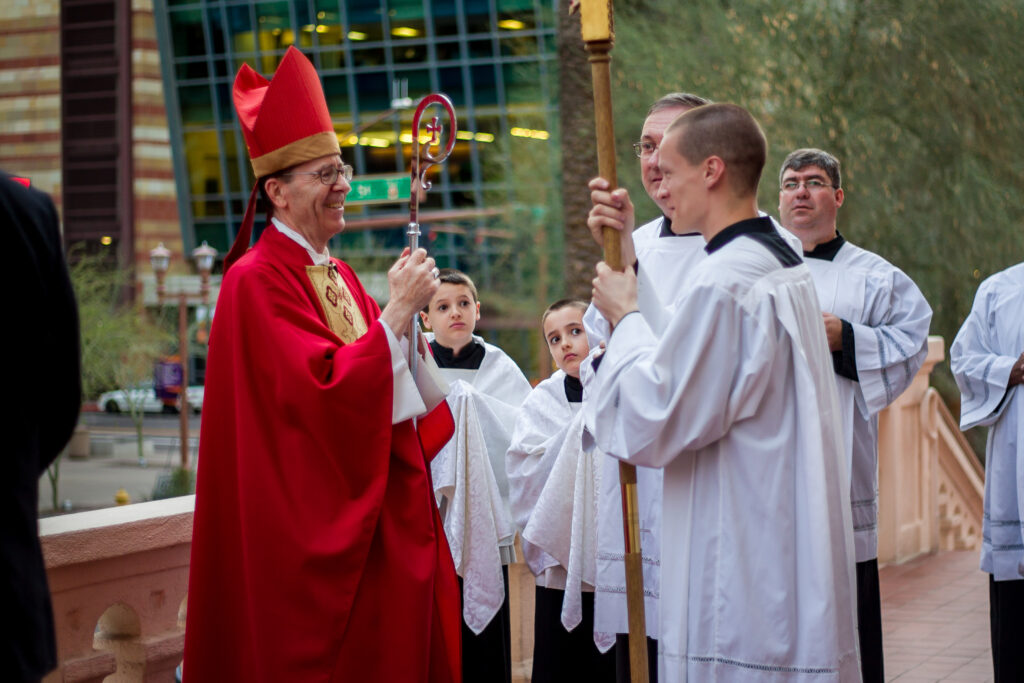 Bishop Thomas J. Olmsted, seen here outside St. Mary's Basilica, was the celebrant for the Jan. 20 Red Mass. Lawyers, judges and lawmakers gather each year for Mass at the beginning of the legislative session. (Billy Hardiman/CATHOLIC SUN)
