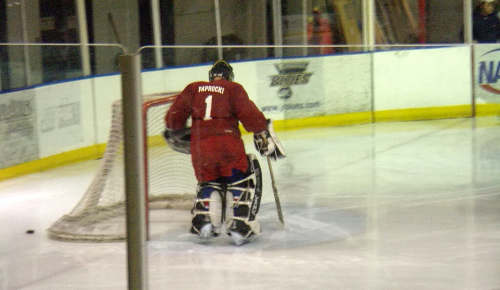 Bishop Thomas Paprocki of the Diocese of Springfield in Illinois guards the goal in the annual Springfield Catholic Charities "Hockey with Bishop Paprocki" game in March 2014. A longtime amateur hockey player, the bishop is also a marathon runner, a member of the Illinois State Bar and a canon lawyer.