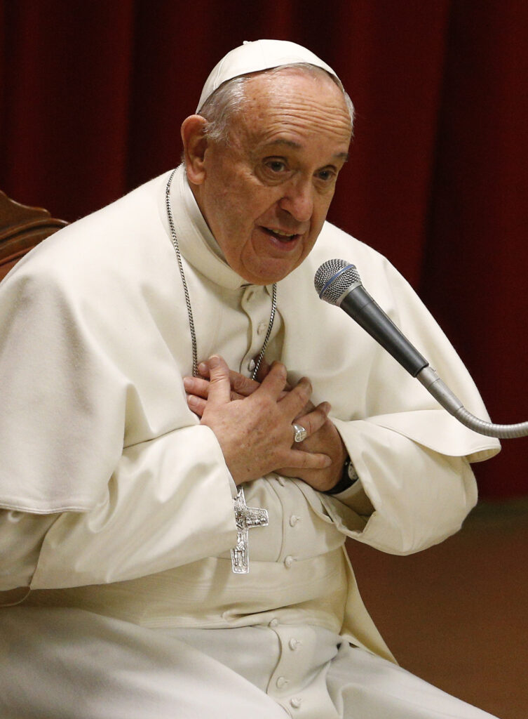 Pope Francis speaks as he meets with parishioners during a visit to St. Mary Mother of the Redeemer Parish on the outskirts of Rome March 8. (CNS photo/Paul Haring)