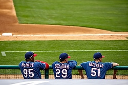 From the dugout Texas Rangers players watch a game against the Chicago White Sox March 11 at Camelback Ranch ballpark in Glendale, Arizona. (CNS photo/Nancy Wiechec)