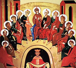 A scene from Pentecost is depicted in artwork at Our Lady of Divine Providence Church in Providenciales, Turks and Caicos Islands. The feast, celebrated May 24 this year, commemorates the Holy Spirit descending upon the apostles 50 days after Christ's resurrection. Pentecost also marks the end of the Easter season. (CNS photo/Gregory A. Shemitz)