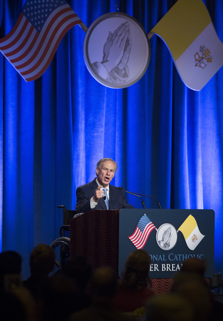 Texas Governor Greg Abbott speaks during the 11th annual National Catholic Prayer Breakfast May 7 at the Marriott Marquis Hotel in Washington. (CNS photo/Tyler Orsburn)