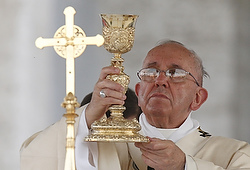 Pope Francis elevates the chalice during Mass outside the Basilica of St. John Lateran in observance of the feast of Corpus Christi in Rome June 4. (CNS photo/Paul Haring)