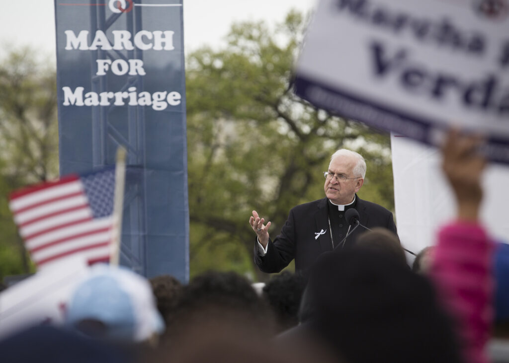 Archbishop Joseph E. Kurtz of Louisville, Ky., president of the U.S. Conference of Catholic Bishops, speaks at the March for Marriage near Capitol Hill in Washington April 25. The Supreme Court will hear cases April 28 for states to honor the constitutionality of same-sex marriage. (CNS photo/Tyler Orsburn)