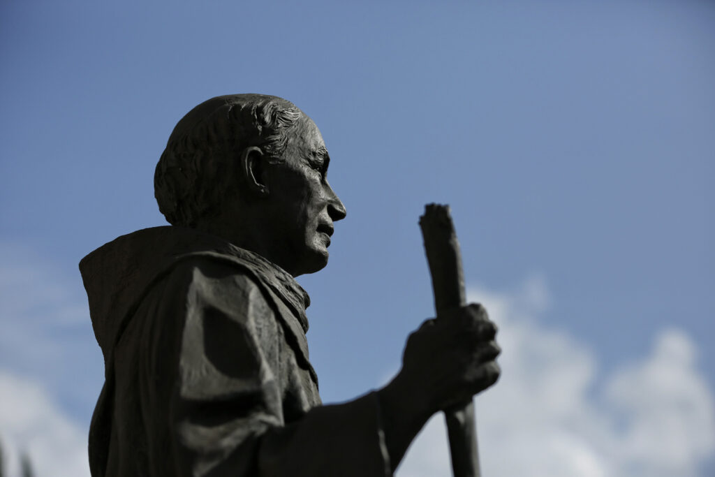 A statue of Blessed Junipero Serra stands outside San Gabriel Mission in early May in San Gabriel, Calif. The first occupants of the mission were the Tonga, called the Gabrieleno by the early missionaries. Today, an active diverse parish celebrates nine Sunday Masses, five in English, three in Spanish and one in Vietnamese. (CNS photo/Nancy Wiechec)