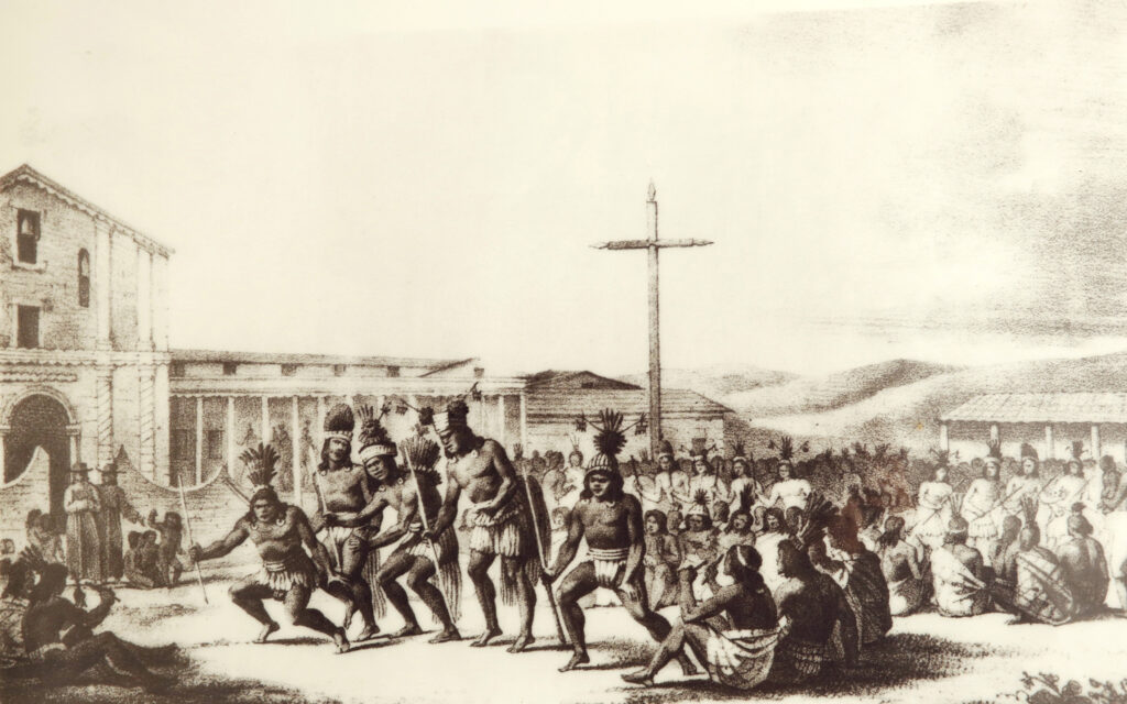 An illustration dated 1816 depicts Indians and Franciscans at Mission San Francisco de Asis in San Francisco. The image is part of the historical exhibit at the mission, which also goes by the name Old Mission Dolores. (CNS photo/Nancy Wiechec)