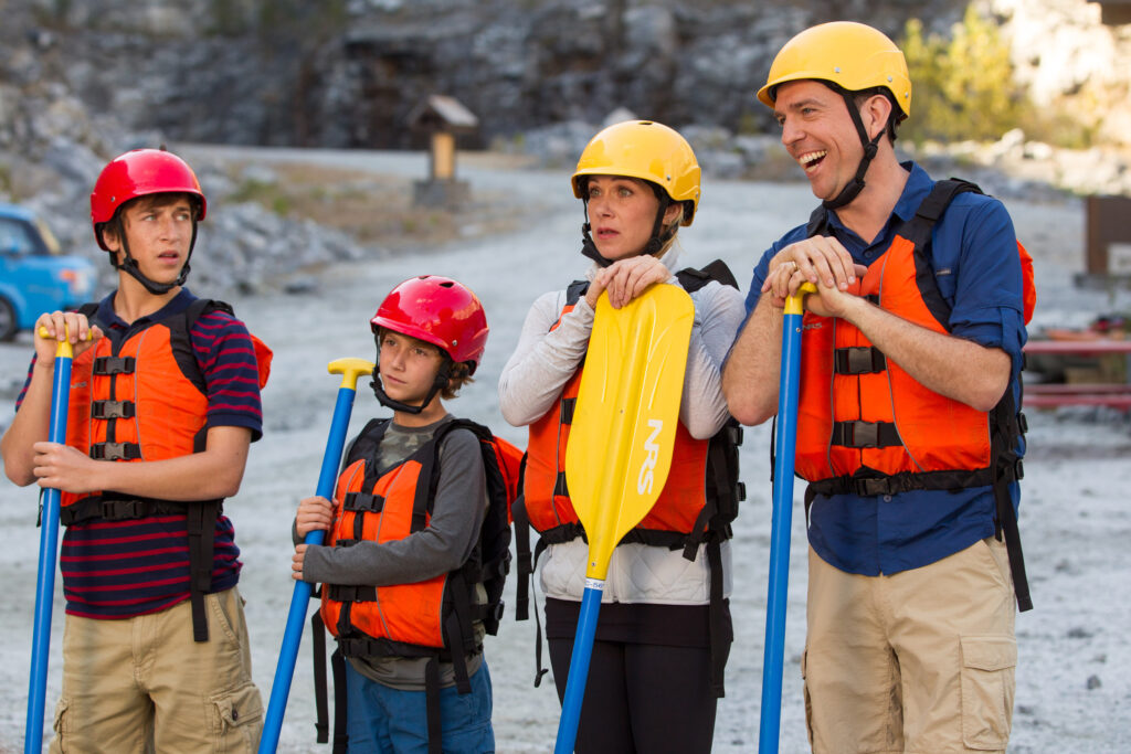 Skyler Gisondo, Steele Stebbins, Christina Applegate and Ed Helms star in a scene from the movie "Vacation." The Catholic News Service classification is O -- morally offensive. The Motion Picture Association of America rating is R -- restricted. Under 17 requires accompanying parent or adult guardian.(CNS photo/Warner Bros.)