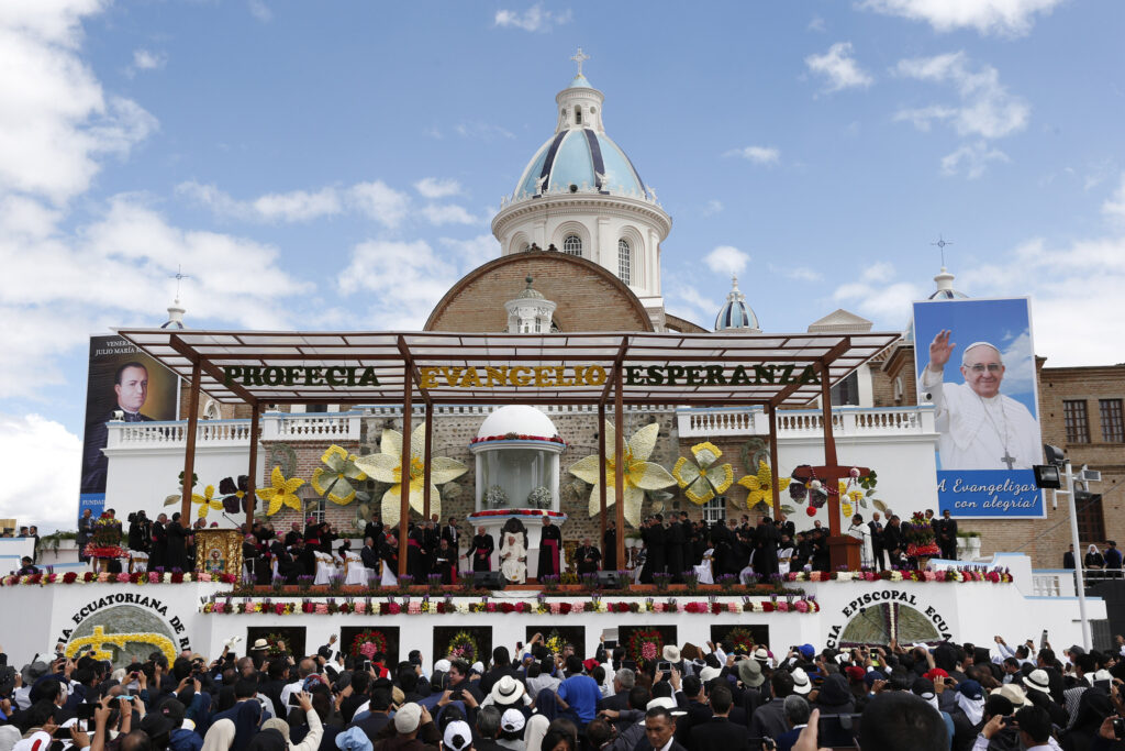 Pope Francis meets with clergy, religious men and women, and seminarians at the El Quinche National Marian Shrine in Quito, Ecuador, July 8. (CNS photo/Paul Haring)