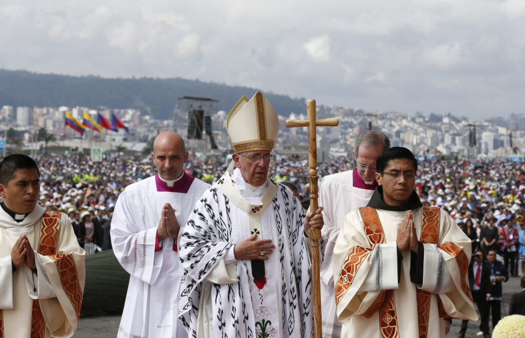 Pope Francis arrives to celebrate Mass in Bicentennial Park in Quito, Ecuador, July 7. The pope is making an eight-day visit to Ecuador, Bolivia and Paraguay. (CNS photo/Paul Haring)