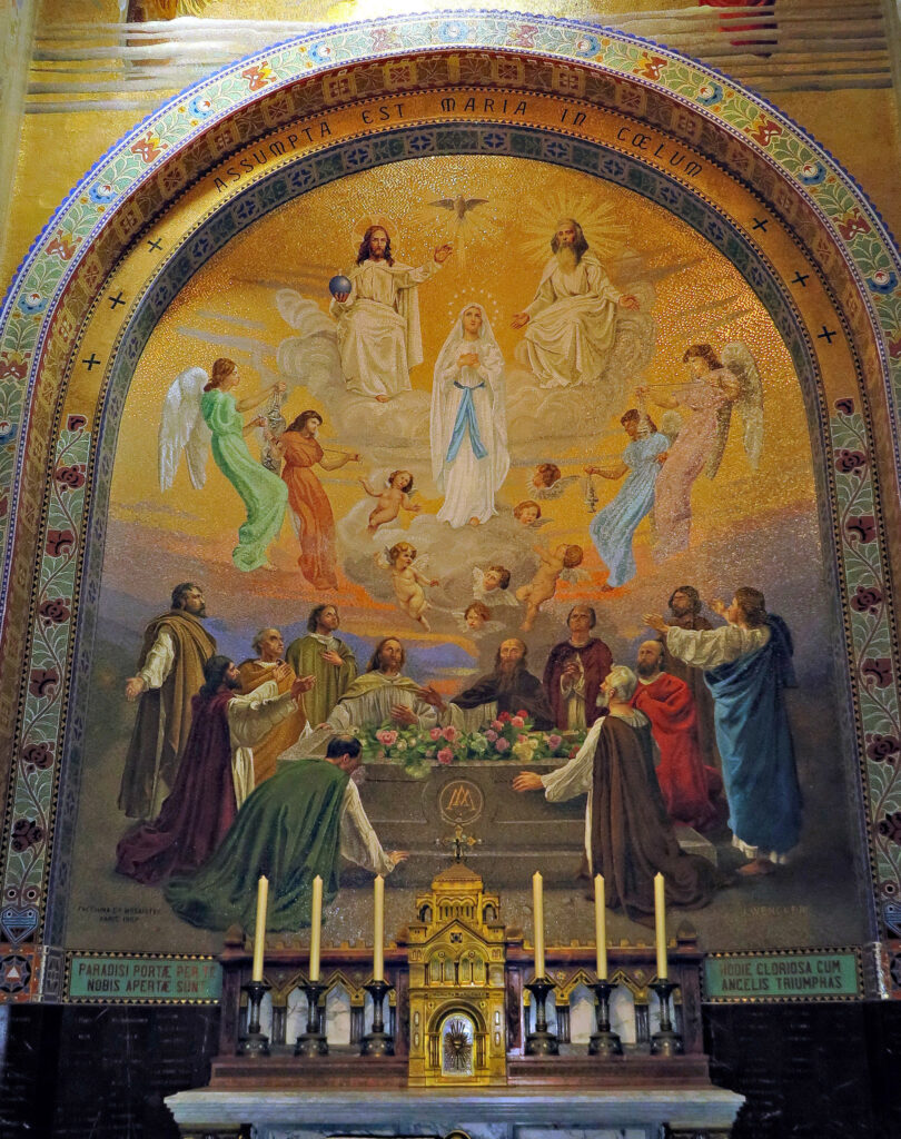 The Assumption of Mary is represented above an altar in the Basilica of Our Lady of the Rosary in Lourdes, France, in this 2014 photo. The feast of the Assumption of Mary is celebrated Aug. 15. (CNS photo/Gunther Simmermacher, The Southern Cross)