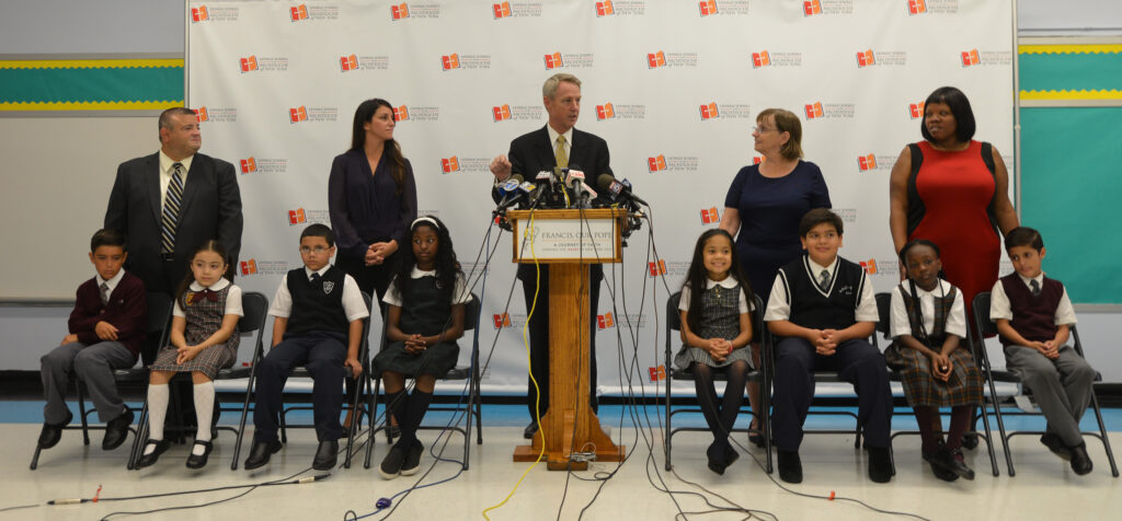 Timothy McNiff, superintendent of schools for the Archdiocese of New York, delivers remarks during a news conference at Our Lady of the Angels School in the East Harlem neighborhood of New York Aug. 20 to outline details of Pope Francis' visit to the school in September. (CNS photo/Chris Shgeridan, Catholic New York)