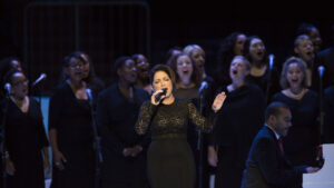 Gloria Estefan performs before the start of a Mass celebrated by Pope Francis Sept. 25 at Madison Square Garden in New York. (CNS photo/Mike Crupi)