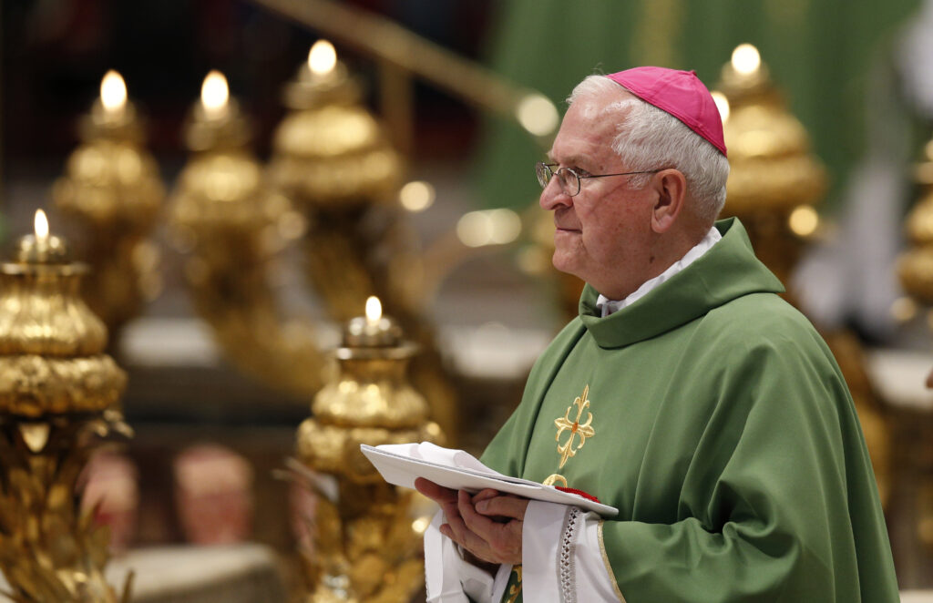 Archbishop Joseph E. Kurtz of Louisville, Ky., president of the U.S. Conference of Catholic Bishops, arrives for the opening Mass of the Synod of Bishops on the family celebrated by Pope Francis in St. Peter's Basilica at the Vatican Oct. 4. (CNS/Paul Haring)