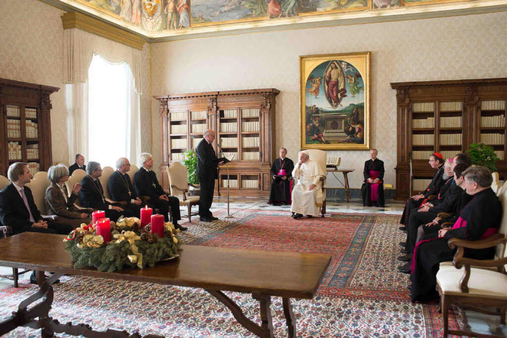 Pope Francis attends a special audience with members of the German Evangelical-Lutheran Church at the Vatican Dec. 18, 2014. Members of the USCCB's committee on Ecumenical and Interreligious Affairs and the Evangelical Lutheran Church of America's Conference of Bishops recently published "Declaration on the Way." (CNS photo/L'Osservatore Romano via Reuters)