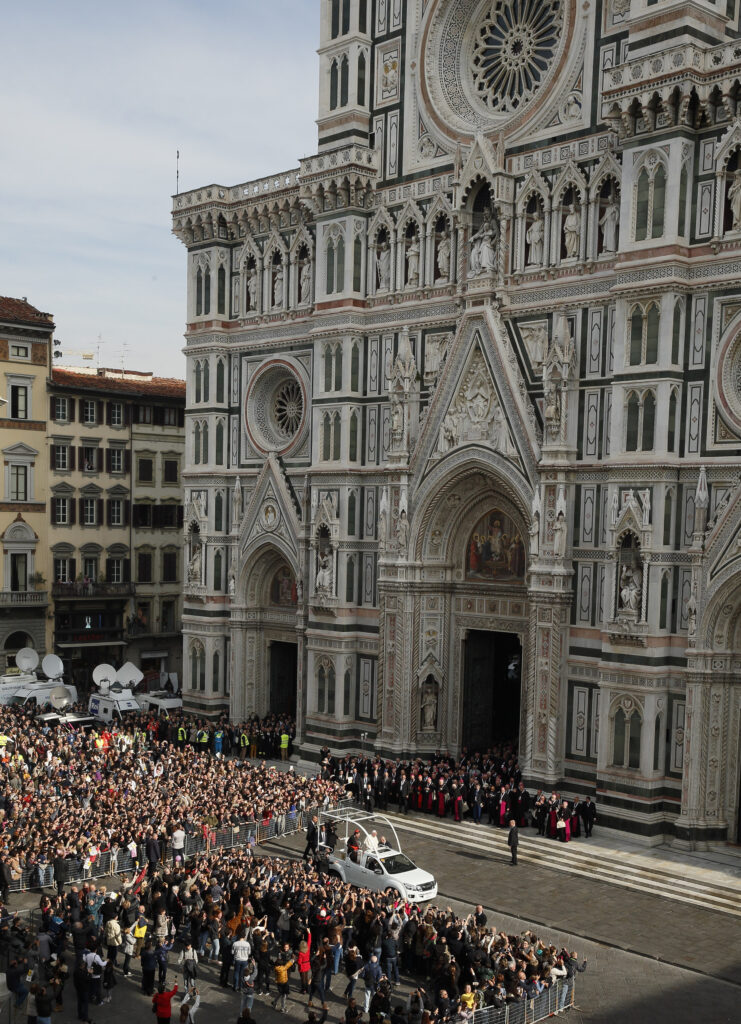 Pope Francis leaves the Duomo, the Cathedral of Santa Maria del Fiore, in Florence, Italy, Nov. 10. Pope Francis attended a meeting of Italy's bishops and cardinals in the Duomo during a one-day visit to Florence Nov. 10. The pope also met young people and was to celebrate Mass at a soccer stadium. (CNS photo/Paul Haring) 