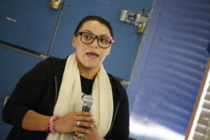 Anastasia, a guest at André House, shares her experience during a forum discussion Oct. 31 that also touched on the difference volunteers can make. (Ambria Hammel/CATHOLIC SUN)