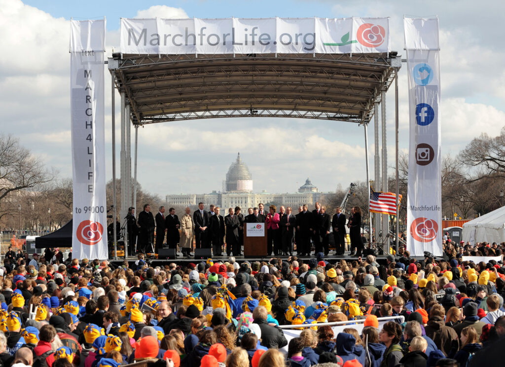 A group of Capitol Hill lawmakers addresses crowds of supporters during the March for Life rally on the National Mall in Washington Jan. 22, 2015. Tens of thousands took part in the annual event, which marked the 42nd anniversary of the Supreme Court's Roe v. Wade decision that legalized abortion across the nation. (CNS photo/Leslie E. Kossoff)