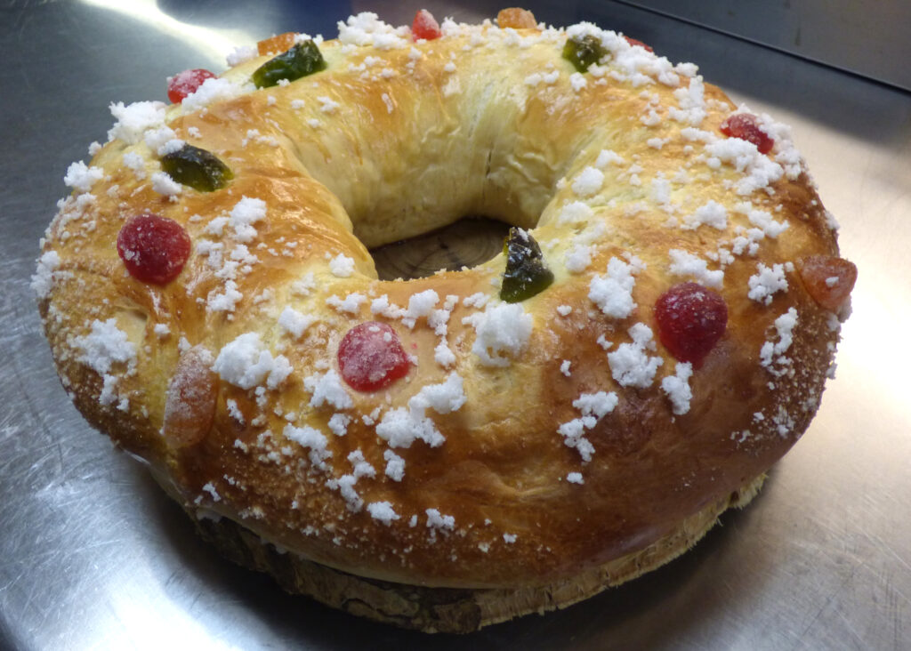 A finished roscon de reyes, a cake traditionally savored during the Epiphany in Mexico and Spain, is pictured at Washington's Taberna del Alabardero Dec. 18. The cake is similar to the king cake, but is starting to appear more often in January at the tables of immigrants living in the U.S. (CNS photo/Rhina Guidos)