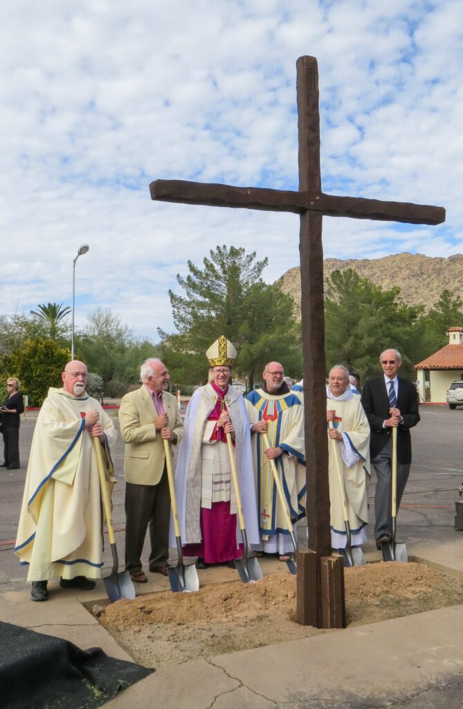 Fr. Peter Kirwin, OFM, Rector of the Church of Our Lady of the Angels; John Reyno, Co-Chair RENEWING LIVES Campaign; Very Reverend John S. Hardin, OFM, Provincial Minister; Fr. Joseph Schwab, OFM, Executive Director of the Franciscan Renewal Center; Ron Tisch, Co-Chair RENEWING LIVES Campaign. (photo courtesy of Kathleen Fitzpatrick, Westlake Reed Leskosky)